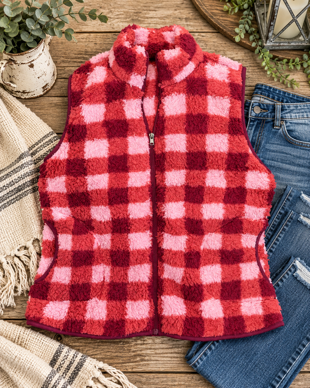 Pink plaid sherpa full-zip vest styled with distressed jeans, a fringed throw, greenery, and a lantern on rustic wood
