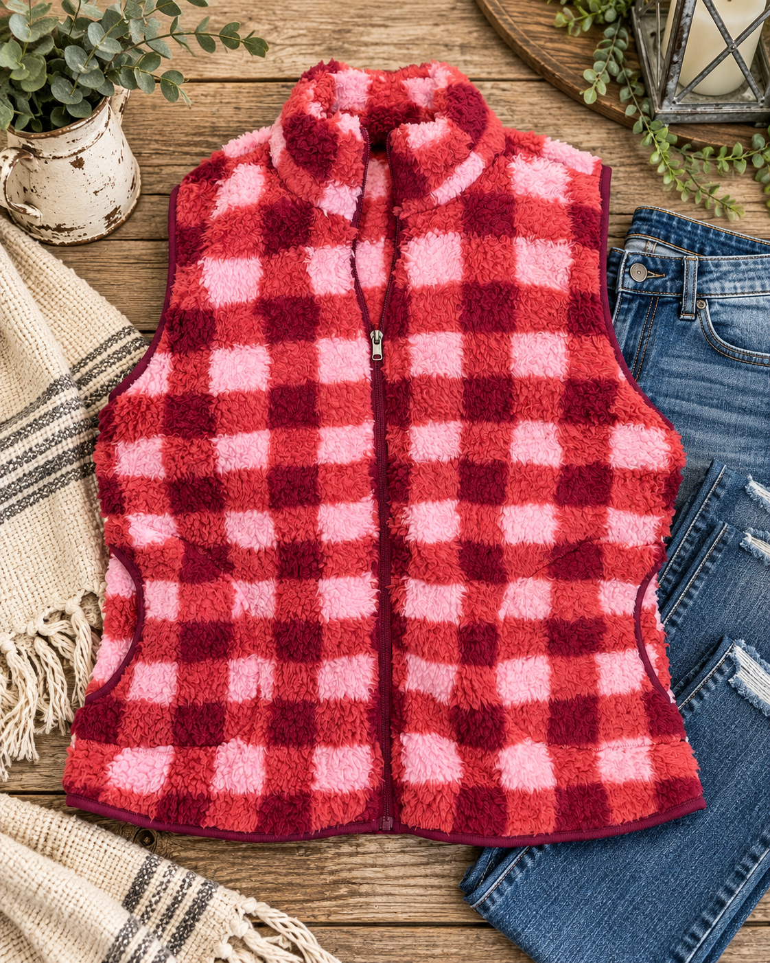 Pink plaid sherpa full-zip vest styled with distressed jeans, a fringed throw, greenery, and a lantern on rustic wood
