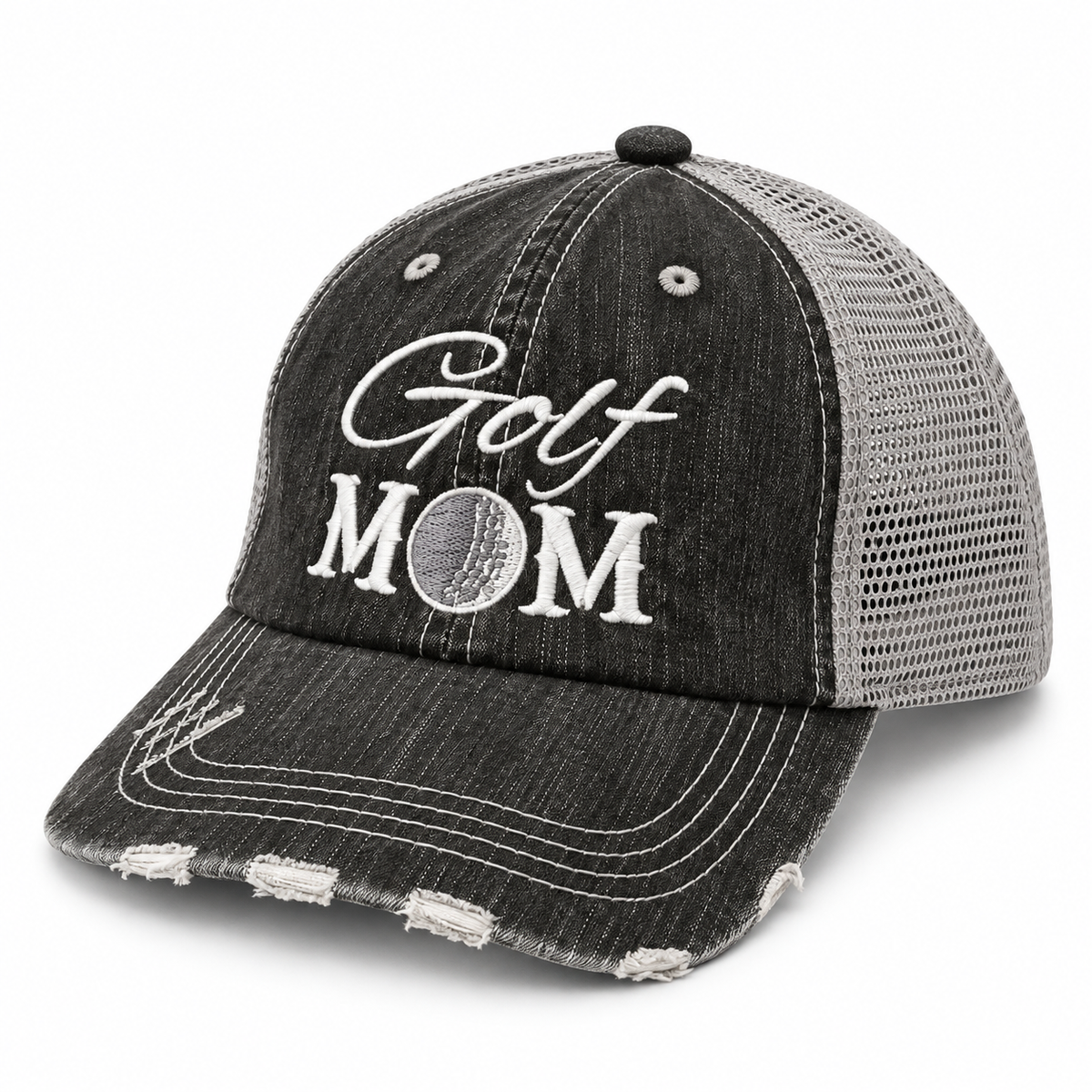Golf Mom Trucker Hat three-quarter angle view showing distressed black front, gray mesh back, and white embroidered Golf Mom lettering with golf ball detail on white background
