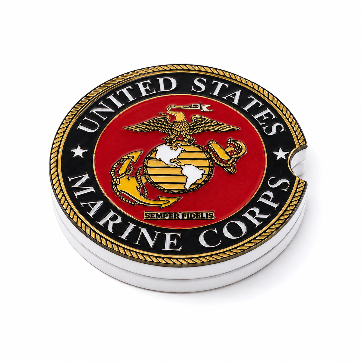 United States Marine Corps ceramic car coasters stacked showing thickness and finger notch cutout, USMC Eagle Globe and Anchor seal on red and black, set of 2
