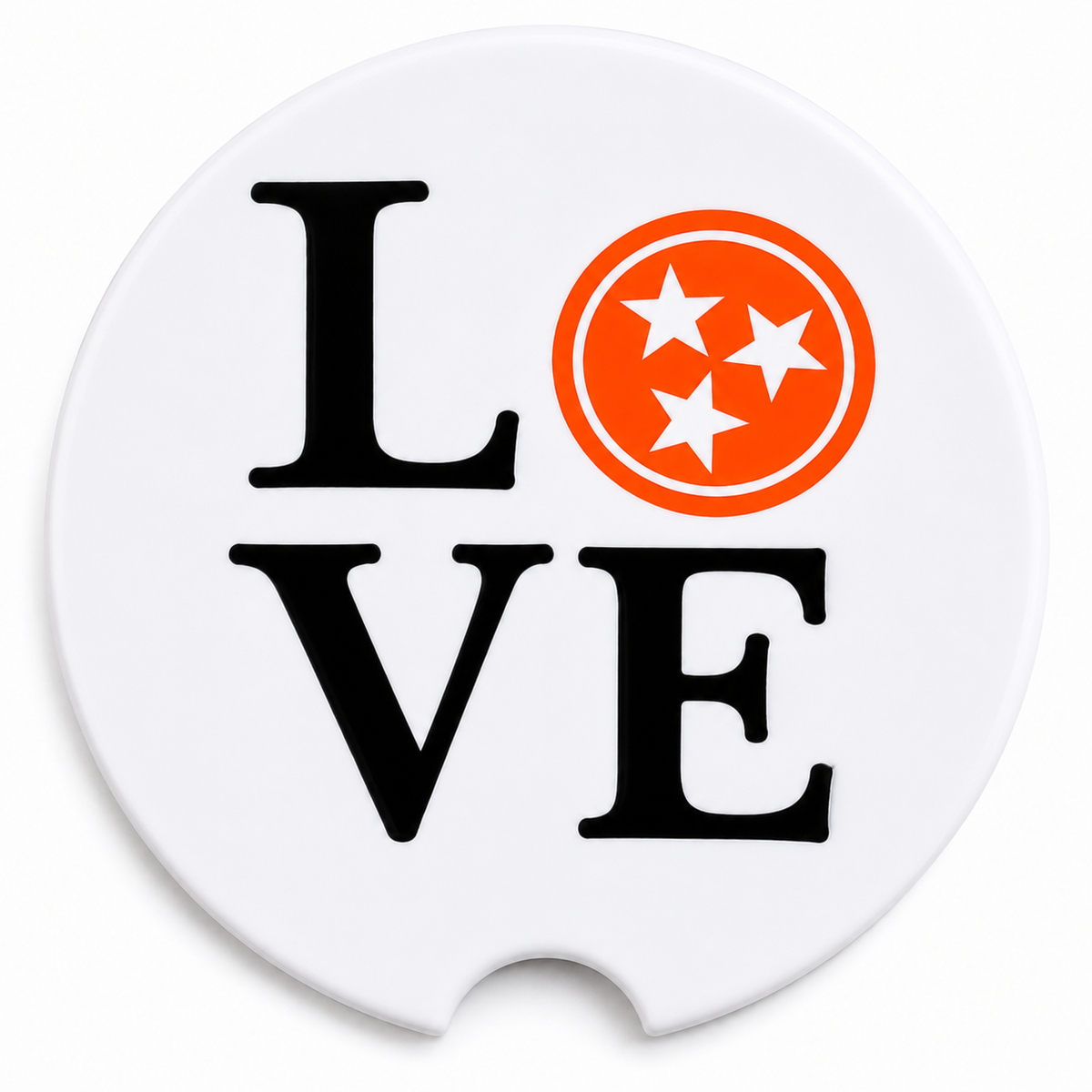 Close-up of Love Tennessee Tri-Star design on ceramic car coaster
