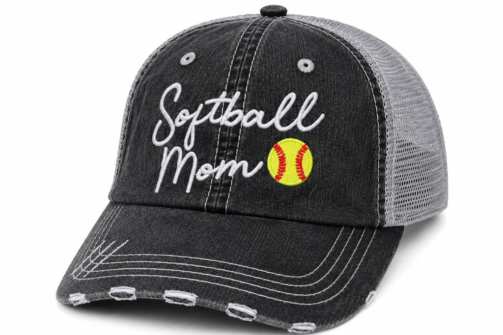 Side view of Softball Mom trucker hat in distressed black with gray mesh back and embroidered softball graphic, shown on a white background.
