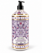 Full view of the 33.8 fl oz Molto Bella Florence Orchid body wash bottle with purple floral decoration, gold accents, and a black pump
