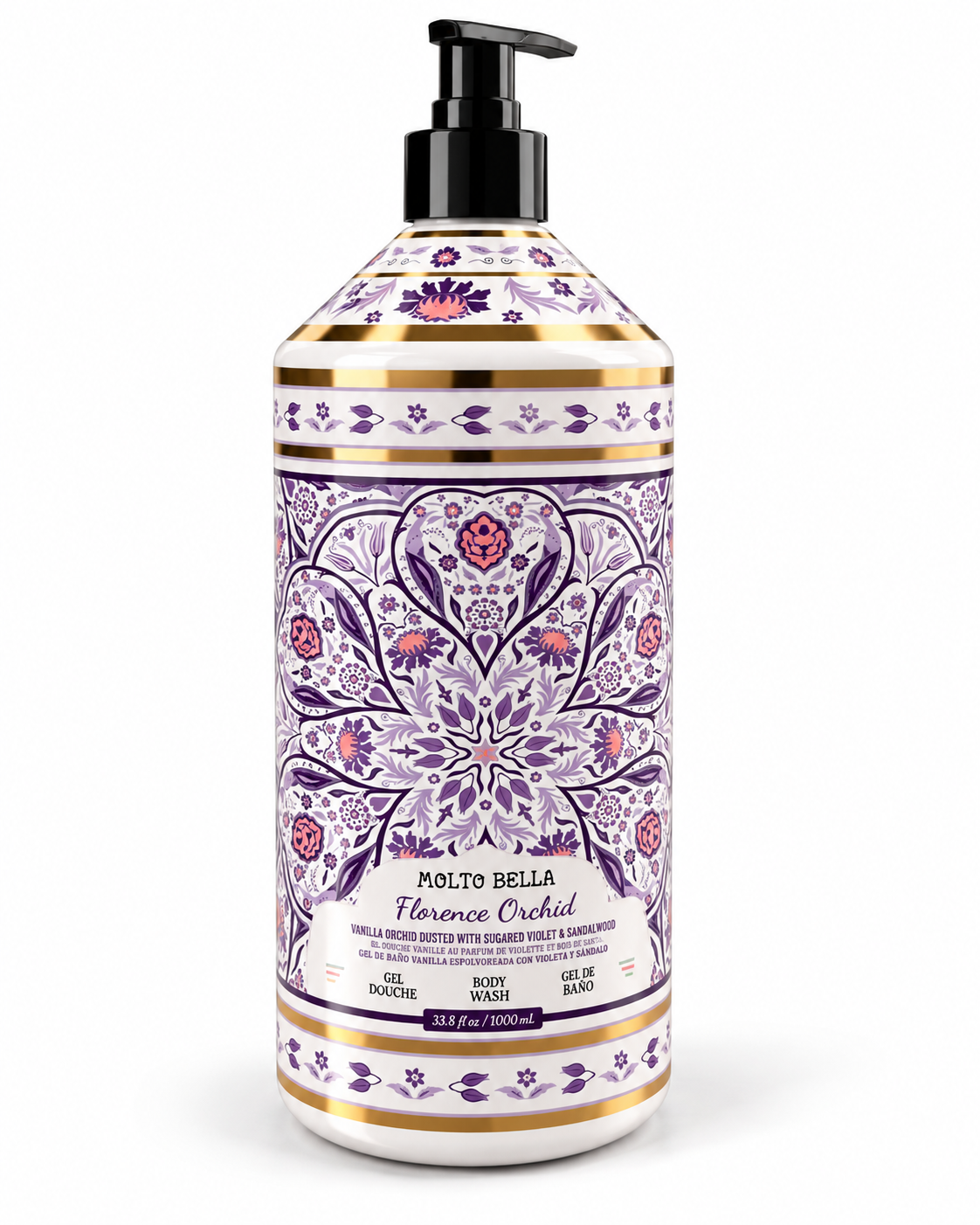 Full view of the 33.8 fl oz Molto Bella Florence Orchid body wash bottle with purple floral decoration, gold accents, and a black pump
