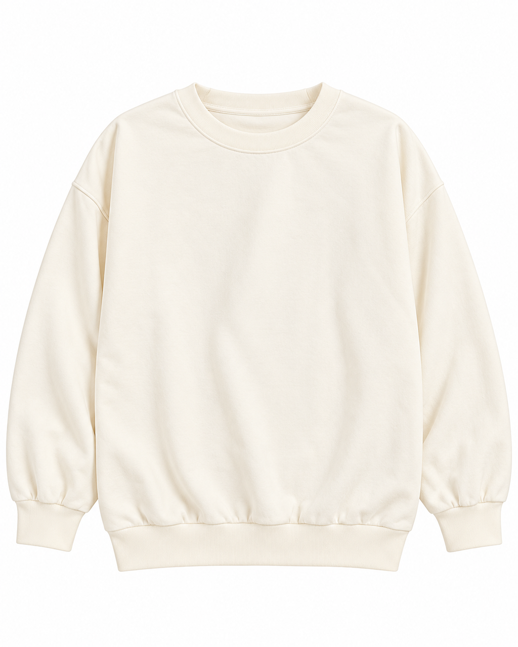 Front view of the plain cream crewneck sweatshirt with long sleeves and ribbed cuffs and hem
