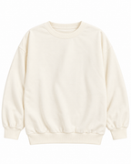 Front view of the plain cream crewneck sweatshirt with long sleeves and ribbed cuffs and hem
