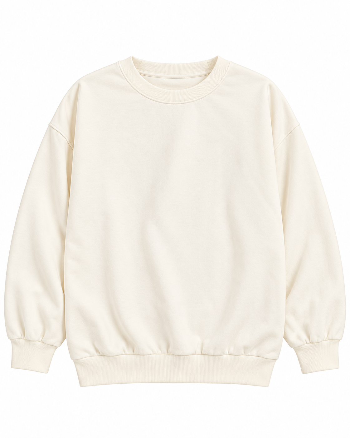 Front view of the plain cream crewneck sweatshirt with long sleeves and ribbed cuffs and hem
