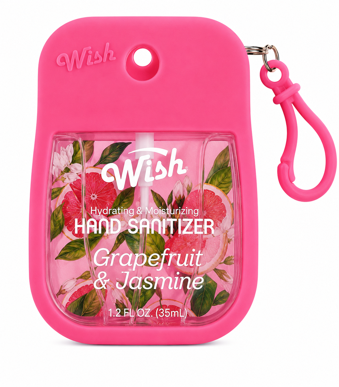 A pink Wish brand hand sanitizer bottle with a matching silicone car holder and clip, featuring a grapefruit and jasmine floral design on the front.