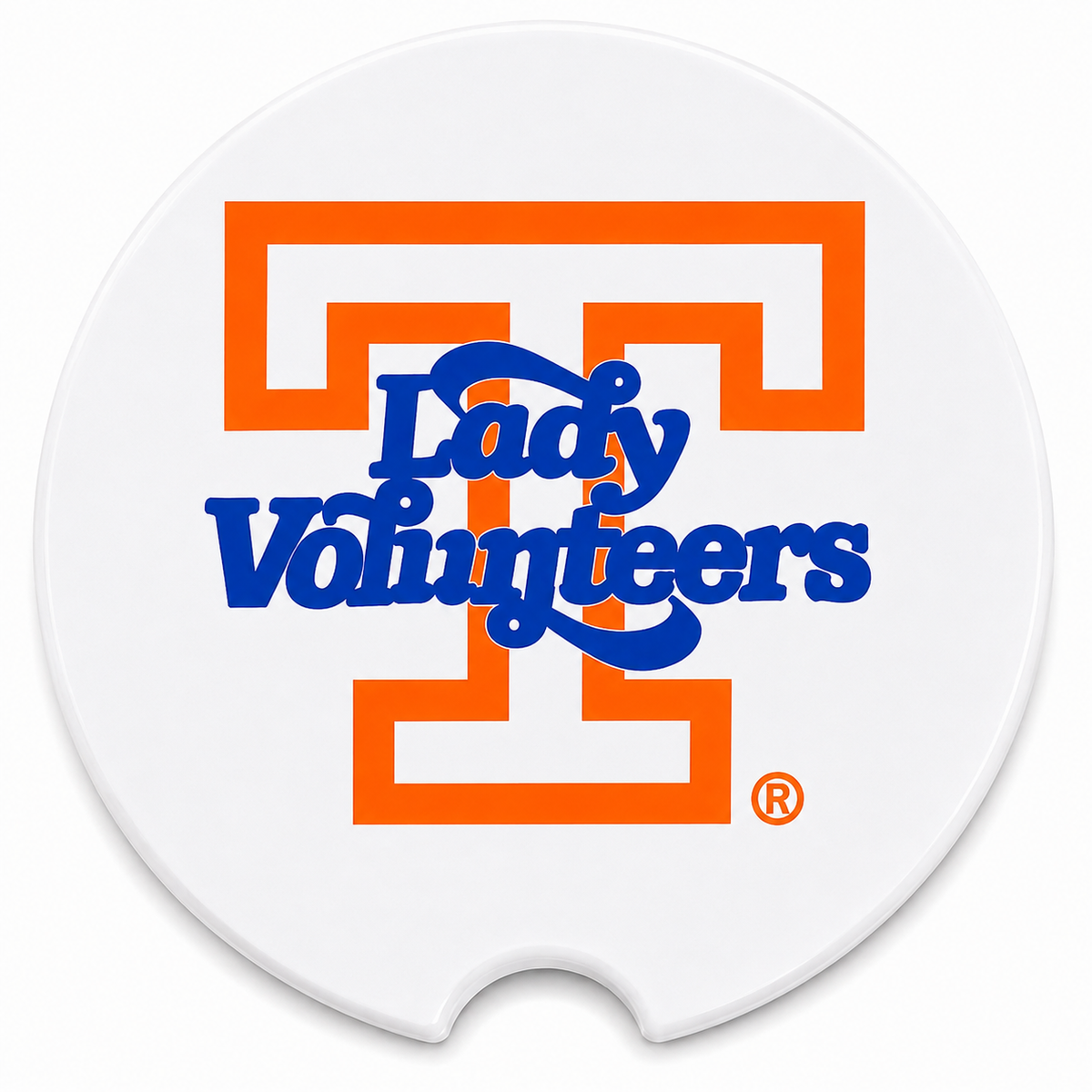 Close-up of Tennessee Lady Vols design on ceramic car coaster
