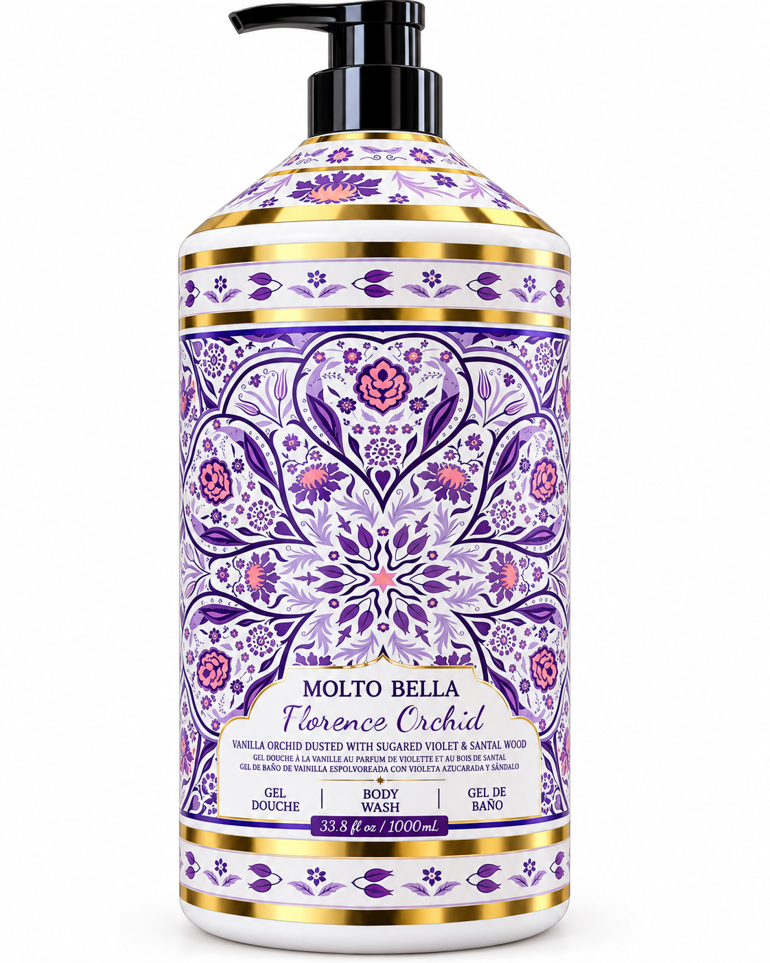 Front detail of Florence Orchid body wash showing the purple floral design, fragrance notes, and 33.8 fl oz size label
