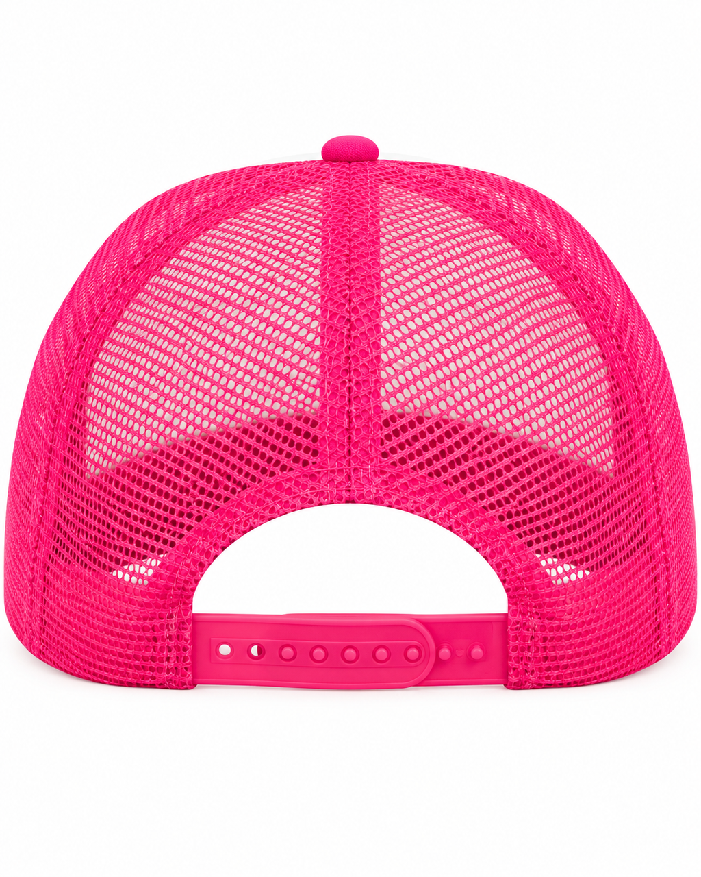 Back view of Electric Smiley Trucker Hat showing full hot pink mesh back with hot pink snapback closure on white background
