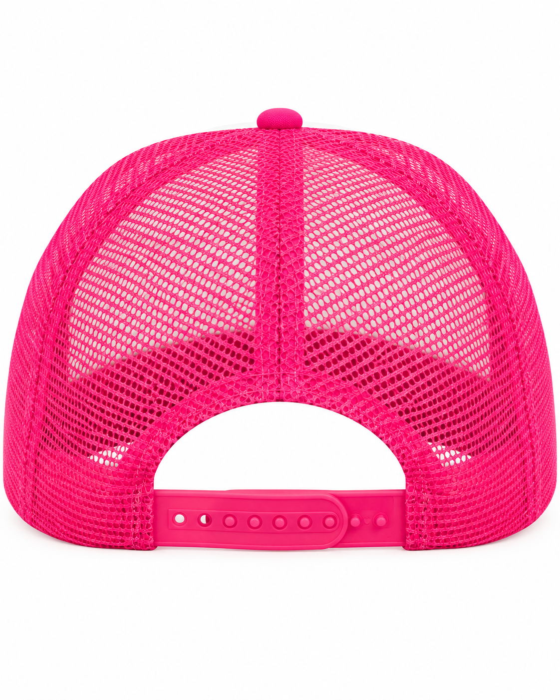 Back view of Electric Smiley Trucker Hat showing full hot pink mesh back with hot pink snapback closure on white background
