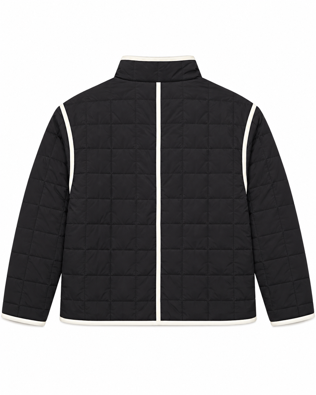 Back view of Black Quilted Contrast Trim Jacket showing black grid-quilted back panel with cream contrast trim along outer edges, shoulder seams, and center back seam, and stand-up collar on white background
