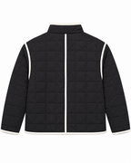 Back view of Black Quilted Contrast Trim Jacket showing black grid-quilted back panel with cream contrast trim along outer edges, shoulder seams, and center back seam, and stand-up collar on white background

