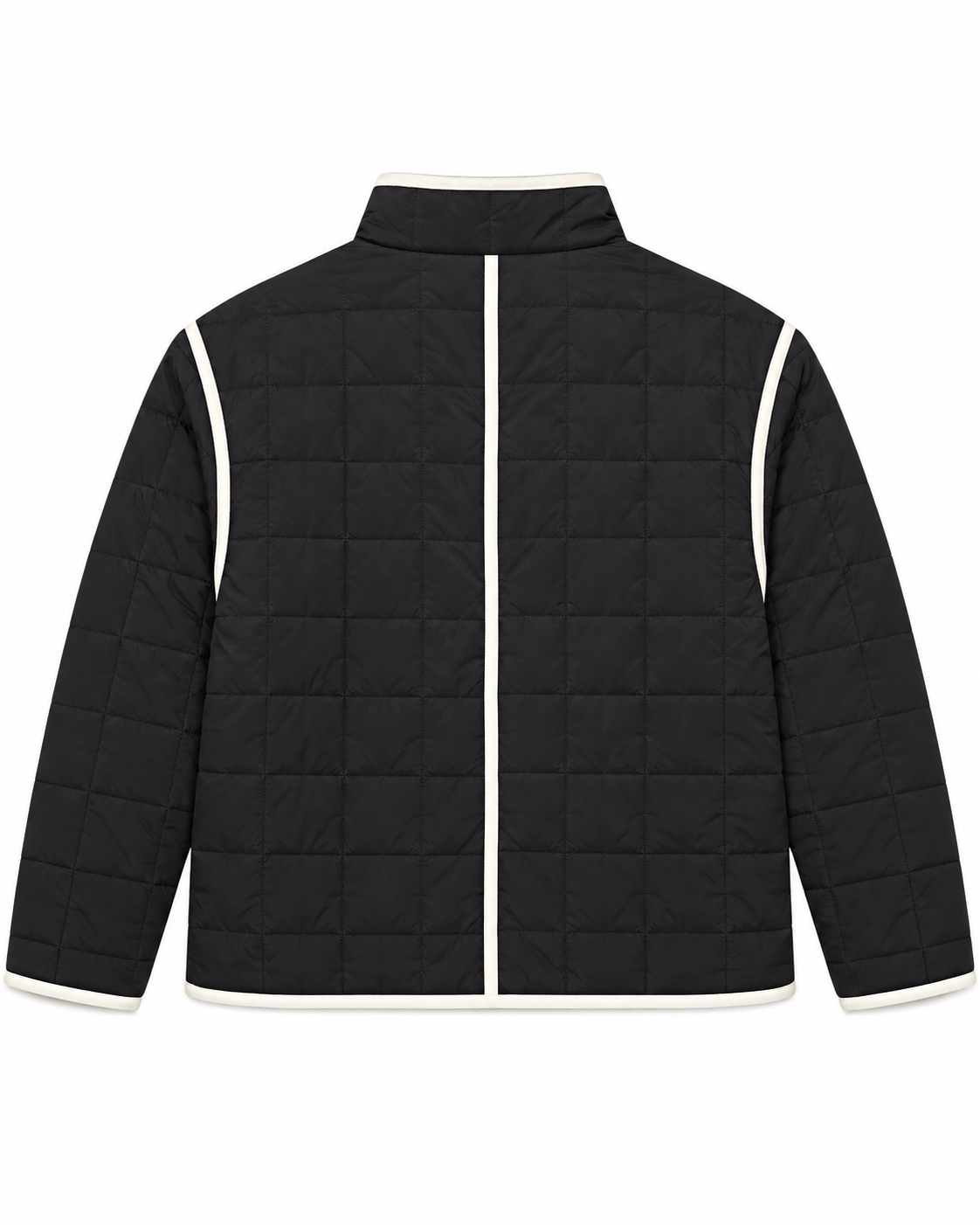 Back view of Black Quilted Contrast Trim Jacket showing black grid-quilted back panel with cream contrast trim along outer edges, shoulder seams, and center back seam, and stand-up collar on white background
