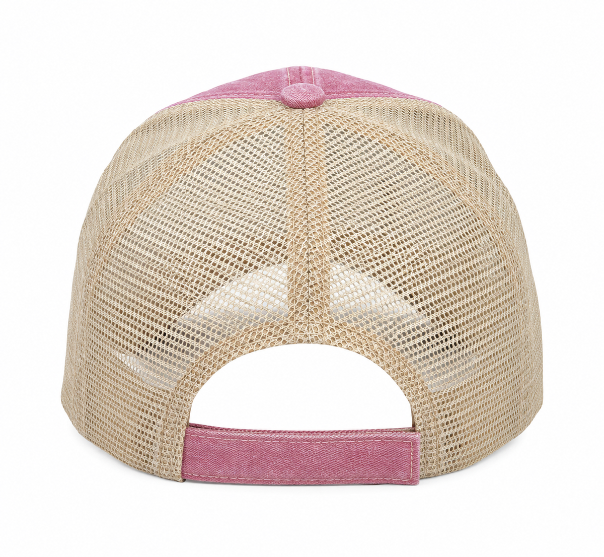 Back view of a trucker-style baseball cap with a beige mesh back and dusty rose fabric panels on the top and adjustable strap.