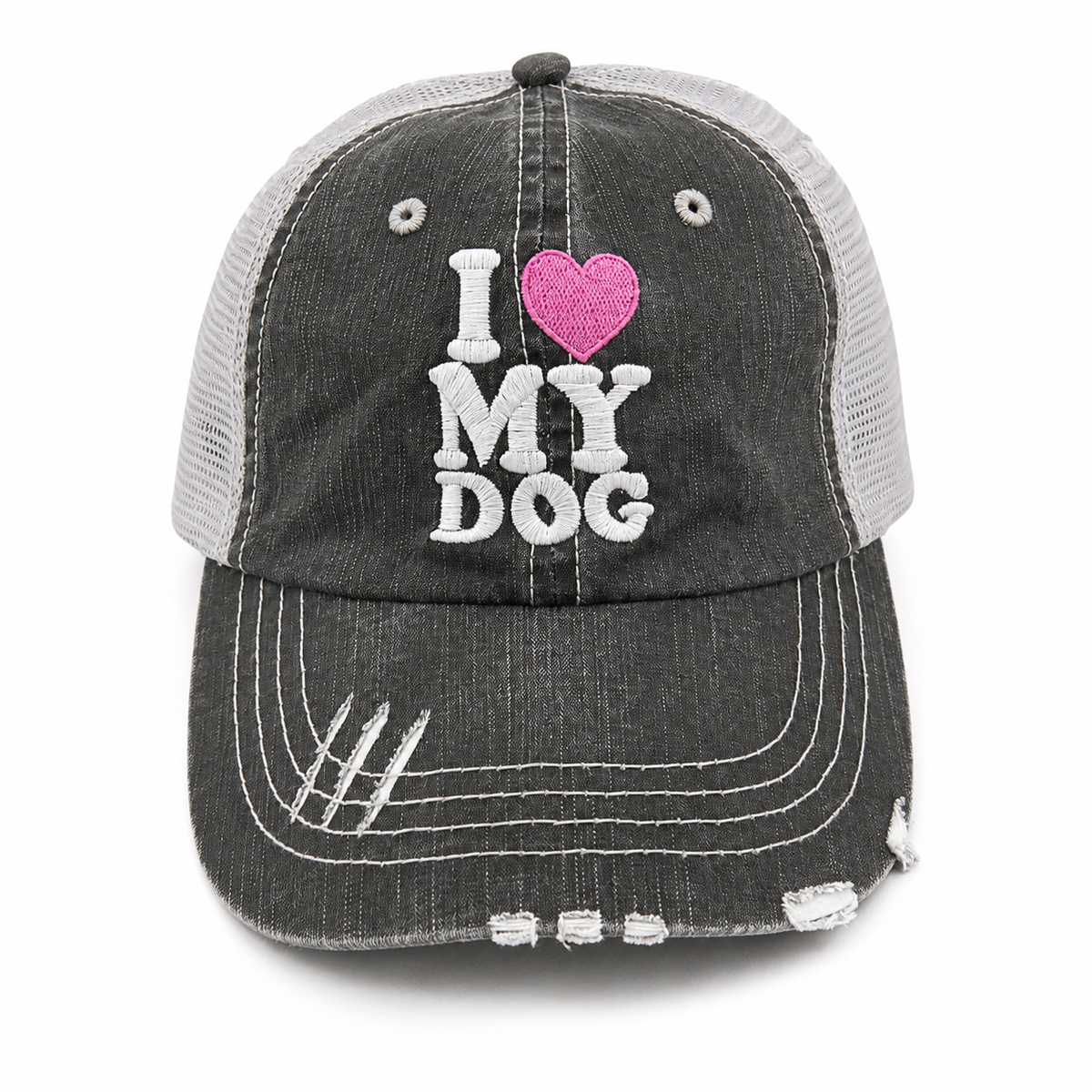 I Love My Dog distressed charcoal trucker hat with white embroidery and pink heart detail, front view
