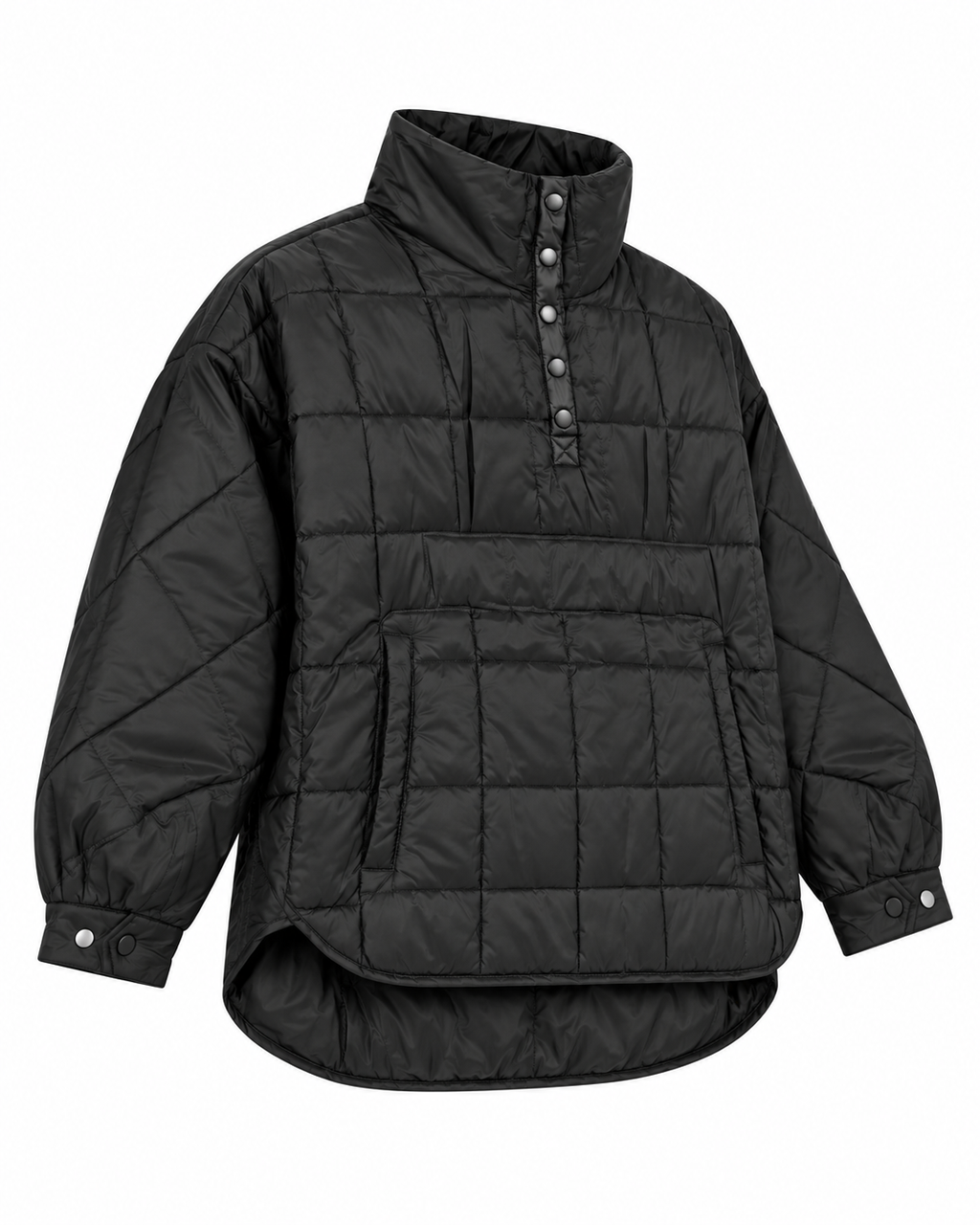 Black Quilted Puffer Pullover Jacket three-quarter angle view showing large-grid quilted puffer construction, tall stand-up collar, gunmetal snap quarter placket, kangaroo pouch pocket, curved high-low hem, and snap-button cuffs on white background
