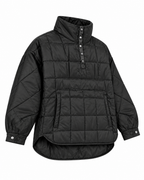 Black Quilted Puffer Pullover Jacket three-quarter angle view showing large-grid quilted puffer construction, tall stand-up collar, gunmetal snap quarter placket, kangaroo pouch pocket, curved high-low hem, and snap-button cuffs on white background
