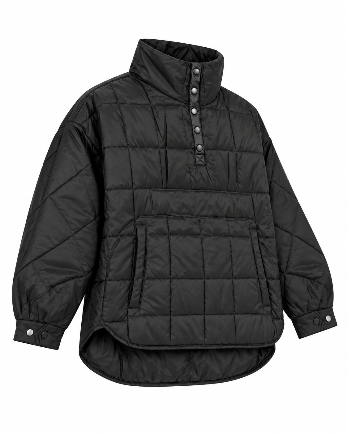 Black Quilted Puffer Pullover Jacket three-quarter angle view showing large-grid quilted puffer construction, tall stand-up collar, gunmetal snap quarter placket, kangaroo pouch pocket, curved high-low hem, and snap-button cuffs on white background
