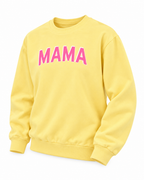 Angled front view of the yellow MAMA sweatshirt showing its crew neckline and long sleeves
