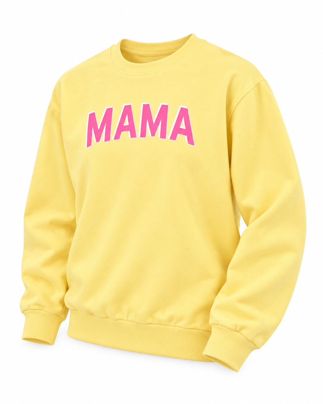 Angled front view of the yellow MAMA sweatshirt showing its crew neckline and long sleeves
