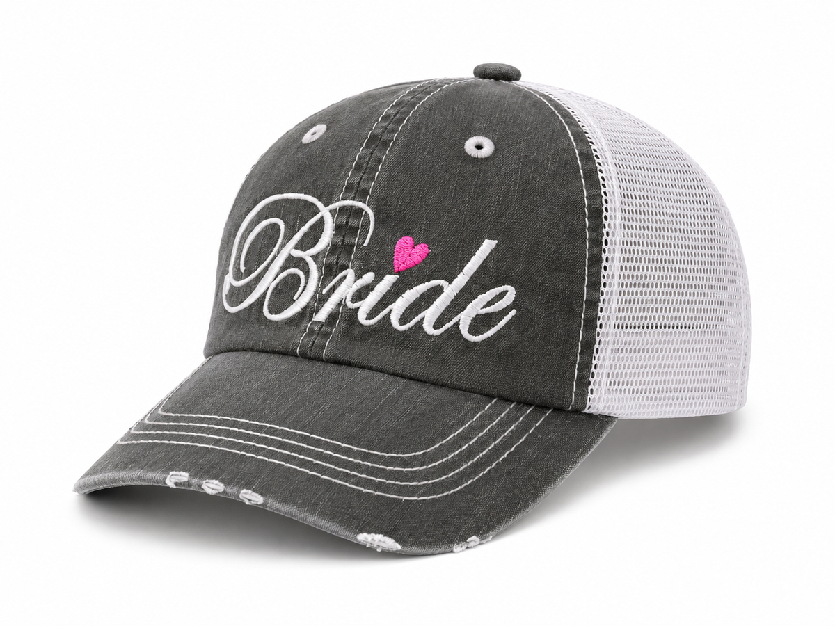 Bride distressed charcoal trucker hat with white mesh back, angled side view
