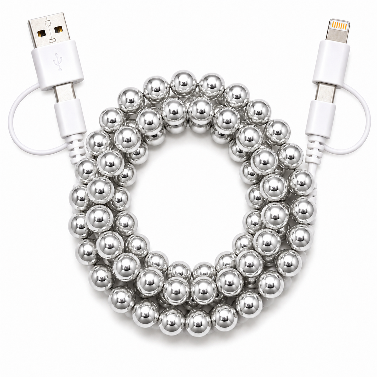 Silver beaded multi charging cable with USB and phone charging connectors
