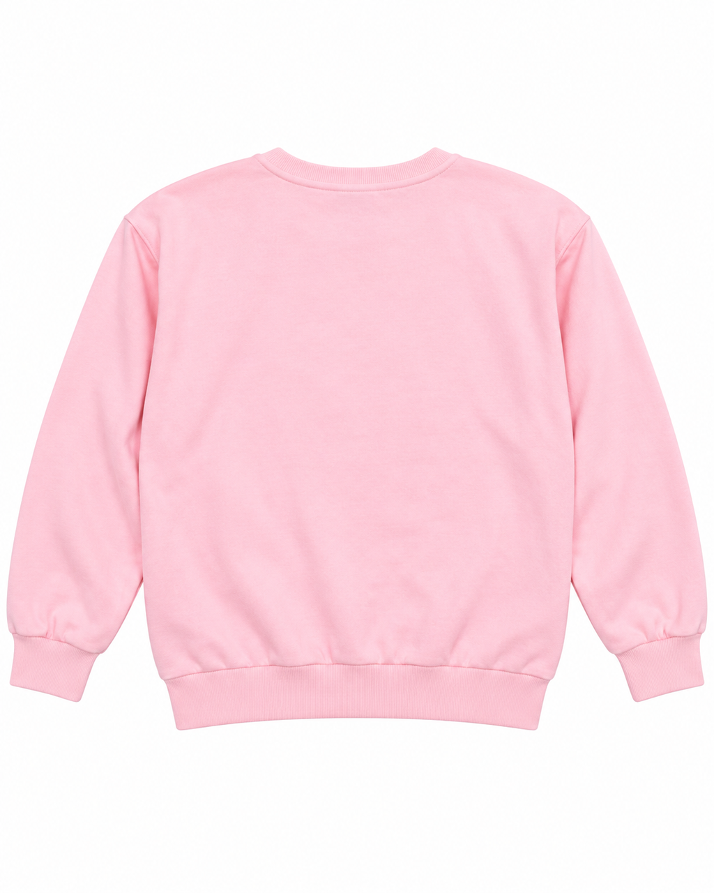 Plain back of the light pink crewneck sweatshirt showing long sleeves and ribbed cuffs and hem
