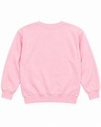 Plain back of the light pink crewneck sweatshirt showing long sleeves and ribbed cuffs and hem
