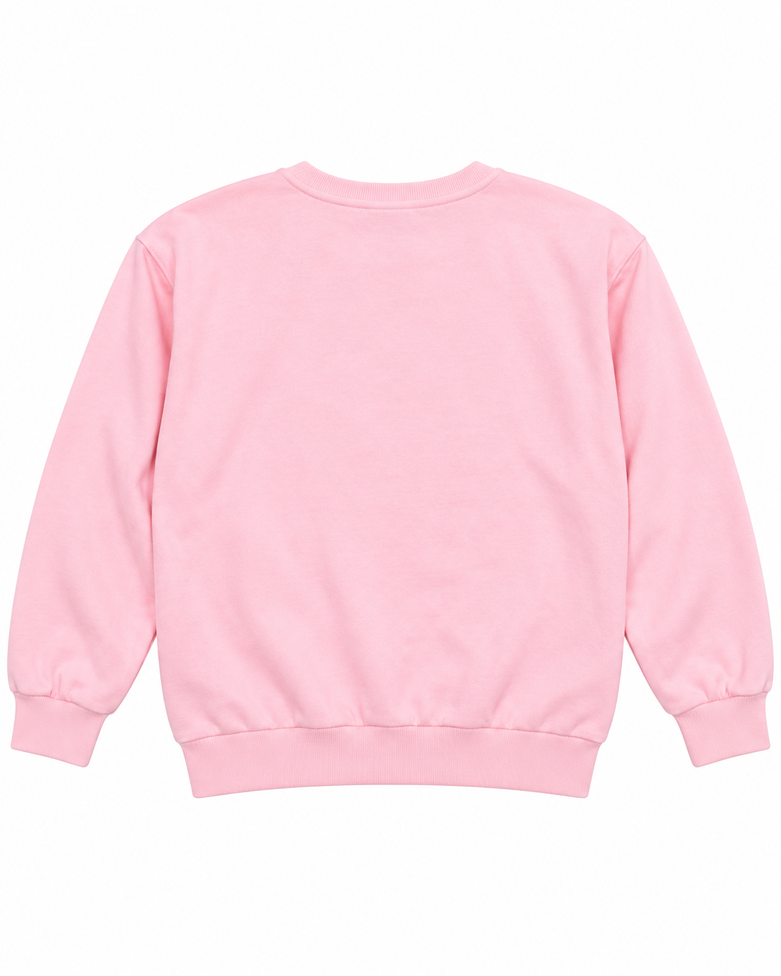 Plain back of the light pink crewneck sweatshirt showing long sleeves and ribbed cuffs and hem
