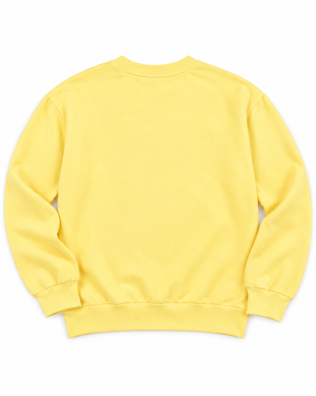 Back view of the plain yellow sweatshirt with long sleeves, ribbed cuffs, and a ribbed hem
