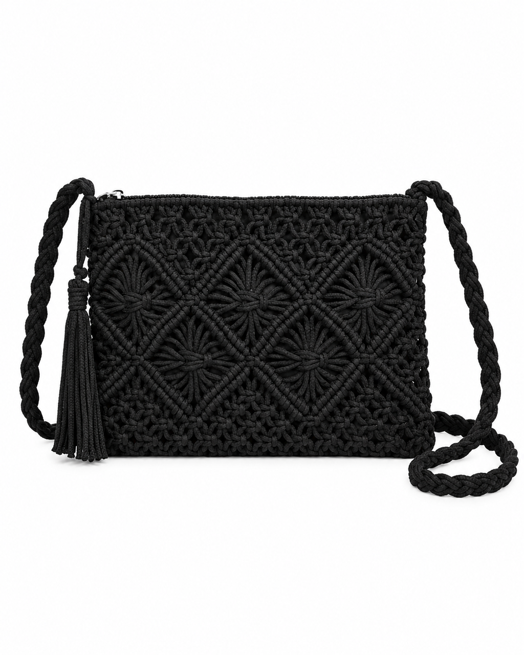 Black Woven Bohemian Tassel Crochet Shoulder Bag front view showing macrame cord diamond lattice pattern with starburst knot centers, silver top zipper, braided black cord shoulder strap with knotted attachment, and black suede tassel accent on white background
