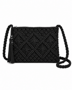 Black Woven Bohemian Tassel Crochet Shoulder Bag front view showing macrame cord diamond lattice pattern with starburst knot centers, silver top zipper, braided black cord shoulder strap with knotted attachment, and black suede tassel accent on white background
