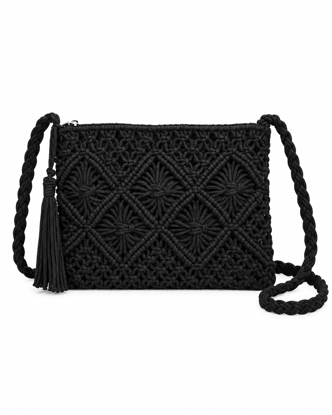 Black Woven Bohemian Tassel Crochet Shoulder Bag front view showing macrame cord diamond lattice pattern with starburst knot centers, silver top zipper, braided black cord shoulder strap with knotted attachment, and black suede tassel accent on white background
