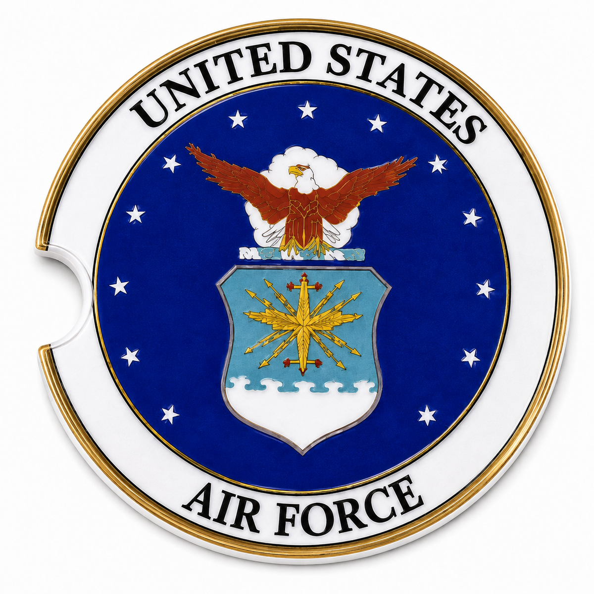 Close-up of United States Air Force ceramic car coaster with official USAF seal — bald eagle, lightning bolt shield, and stars on navy blue background
