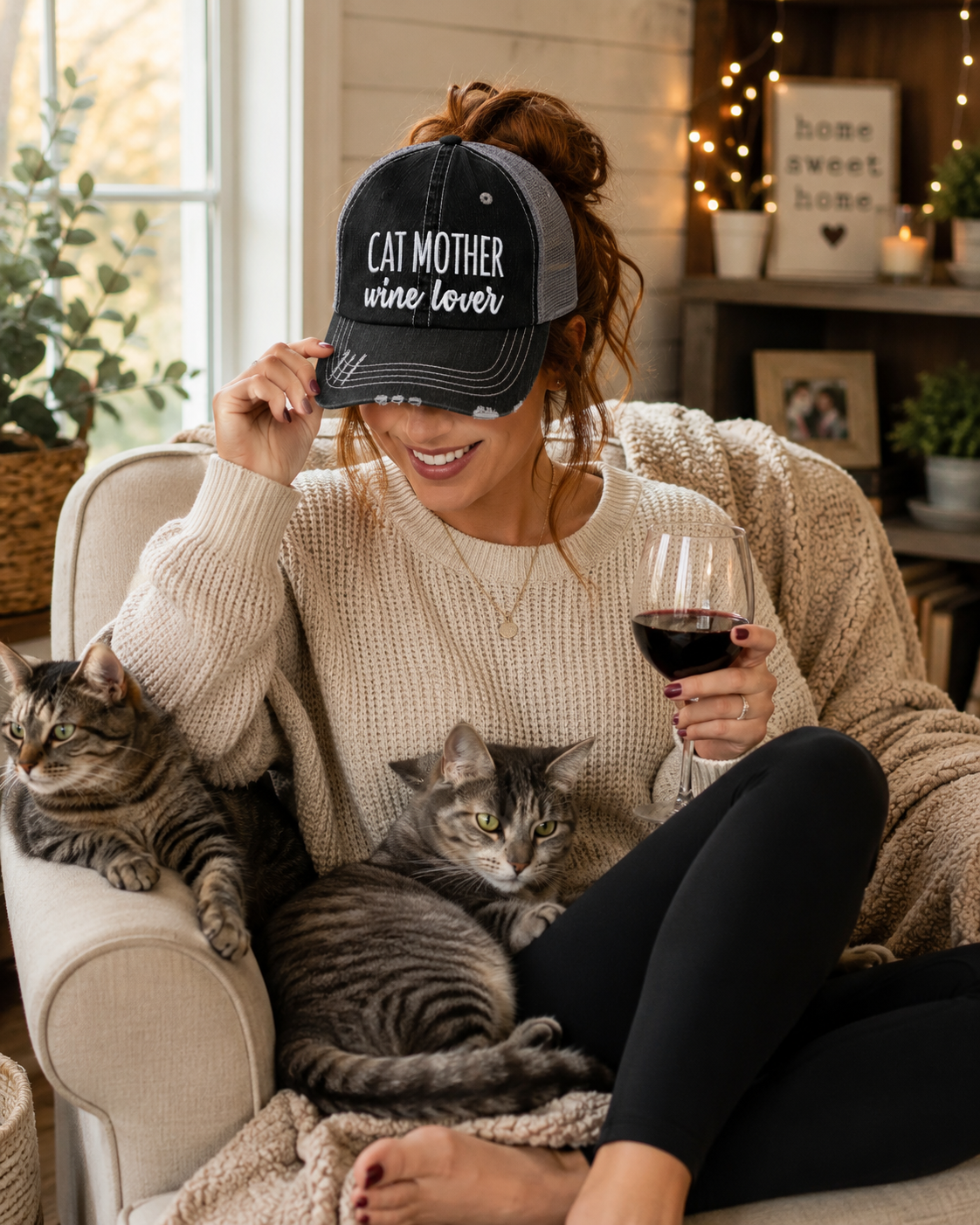 A woman sitting in a cozy armchair with two cats, wearing a black trucker hat with the text 'CAT MOTHER wine lover' in white. She is holding a glass of red wine in a warm, decorated living room setting.