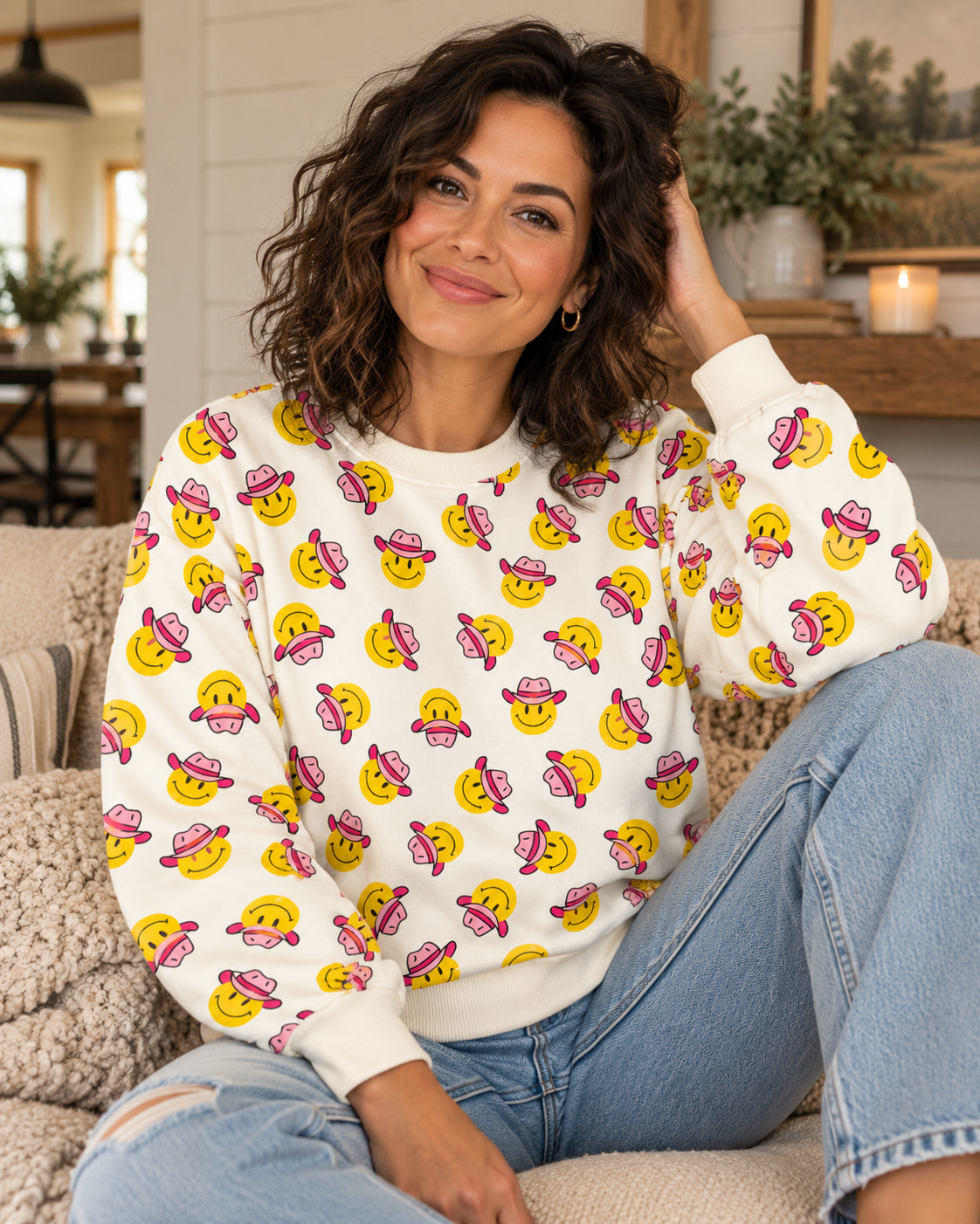 Seated model wearing a cream sweatshirt with yellow smiley faces in pink cowgirl hats and blue jeans
