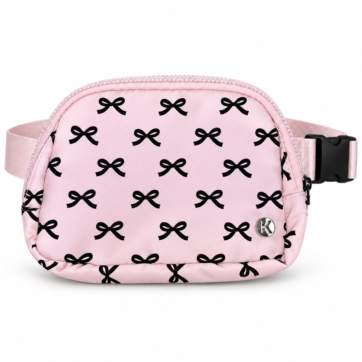 Pink Bow Belt Bag and Crossbody front view showing pink nylon with all-over black bow print, top zipper main compartment, silver Katydid K logo rivet, and adjustable pink satin strap with black side-release buckle on white background
