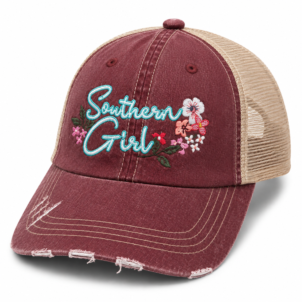 Side view of Southern Girl trucker hat with distressed burgundy front, tan mesh back, aqua and white lettering, and colorful floral embroidery.