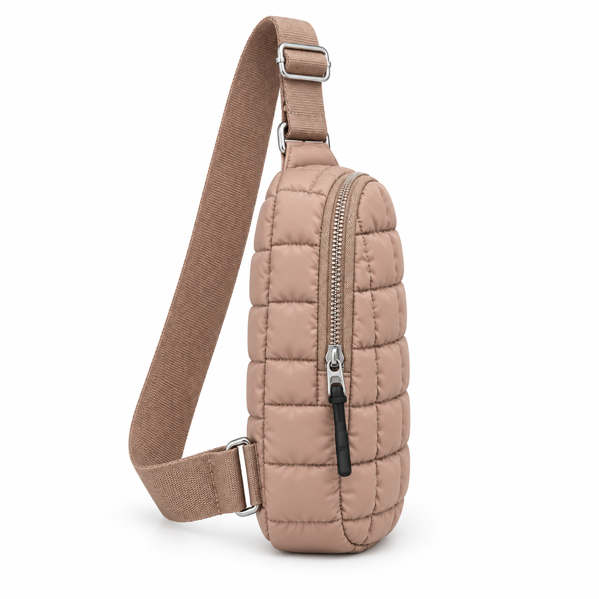 Taupe Quilted Sling Bag side angle view showing soft taupe puffer nylon with grid square quilted pattern, full-length adjustable taupe woven crossbody strap, diagonal main zipper closure with black zipper pull, and bottom silver adjustable buckle on white background
