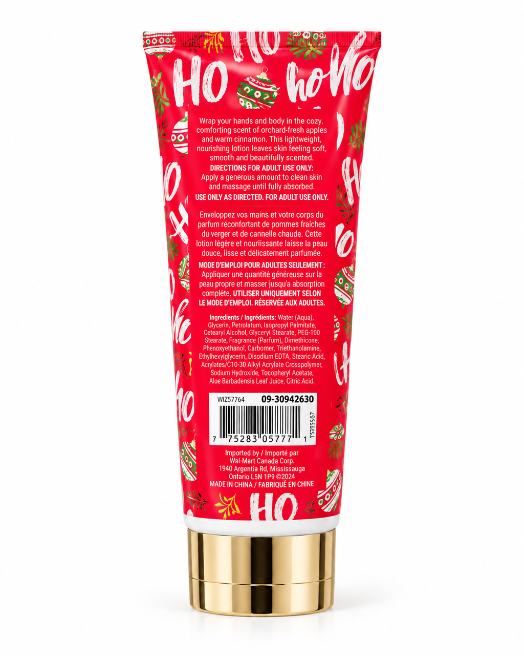 Back of the Apple Cinnamon lotion tube showing apple and cinnamon scent details, adult-use directions, ingredients, and barcode
