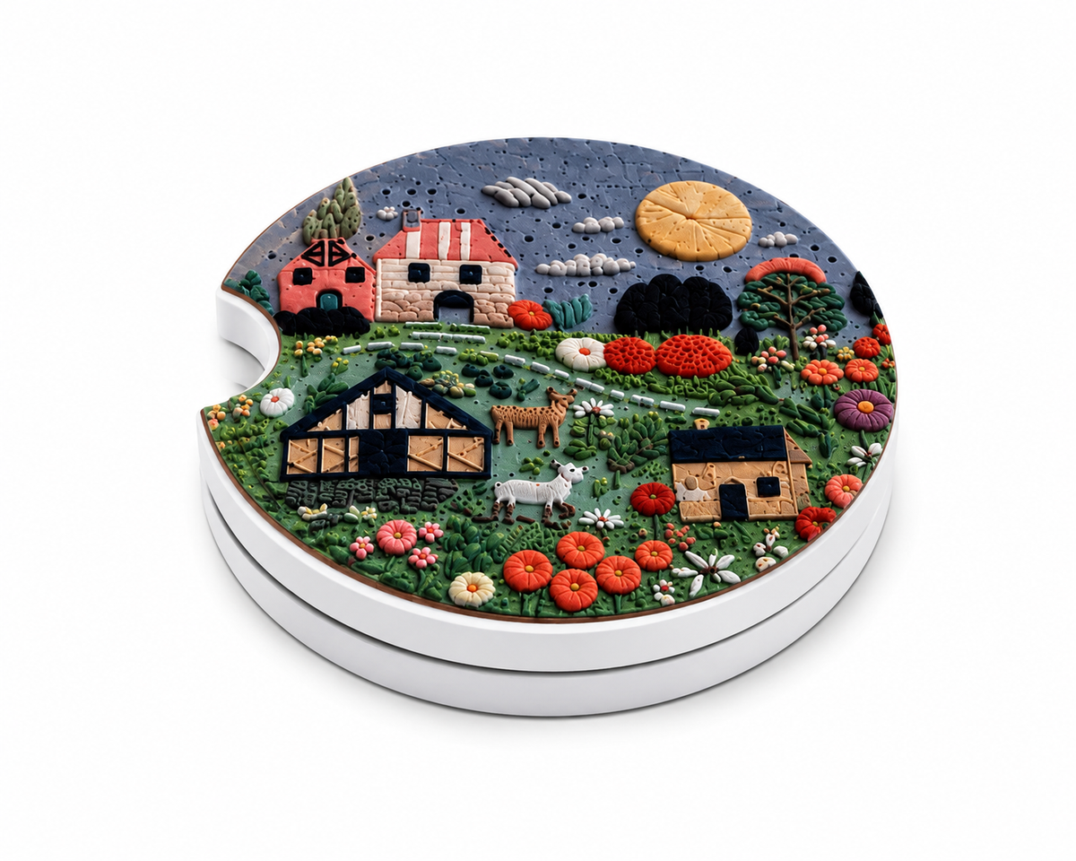 Folk Art Farm Village ceramic car coasters stacked showing sculpted depth and finger notch cutout, folk art farmhouses, goats, and wildflowers design, set of 2

