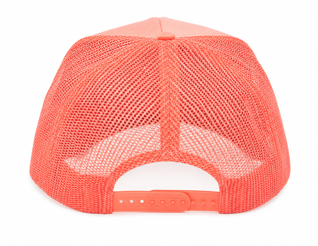A bright coral orange trucker hat shown from the back, featuring a mesh back and an adjustable snap closure, on a solid white background.