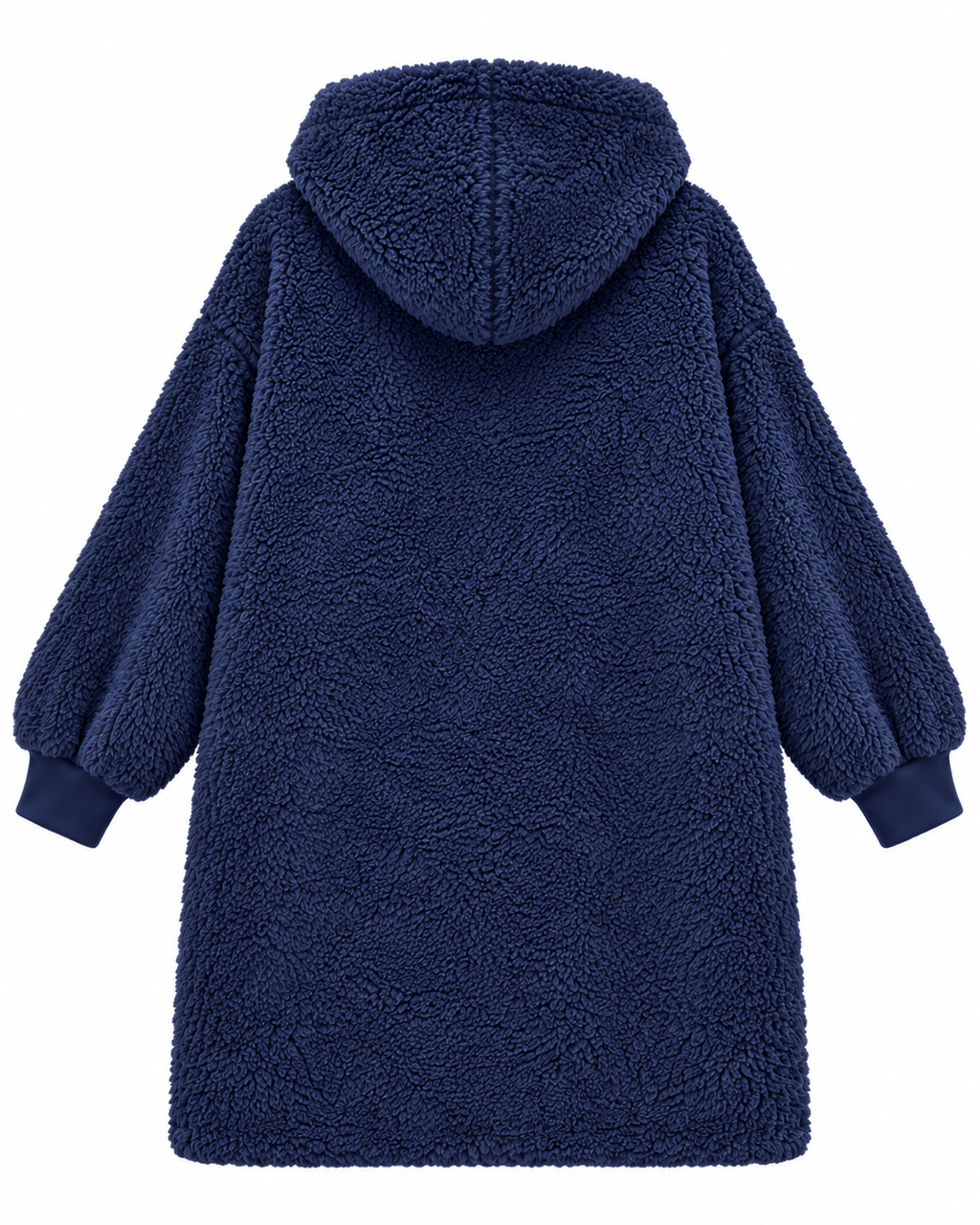 Back view of the navy sherpa cardigan showing the hood and long sleeves
