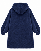 Back view of the navy sherpa cardigan showing the hood and long sleeves
