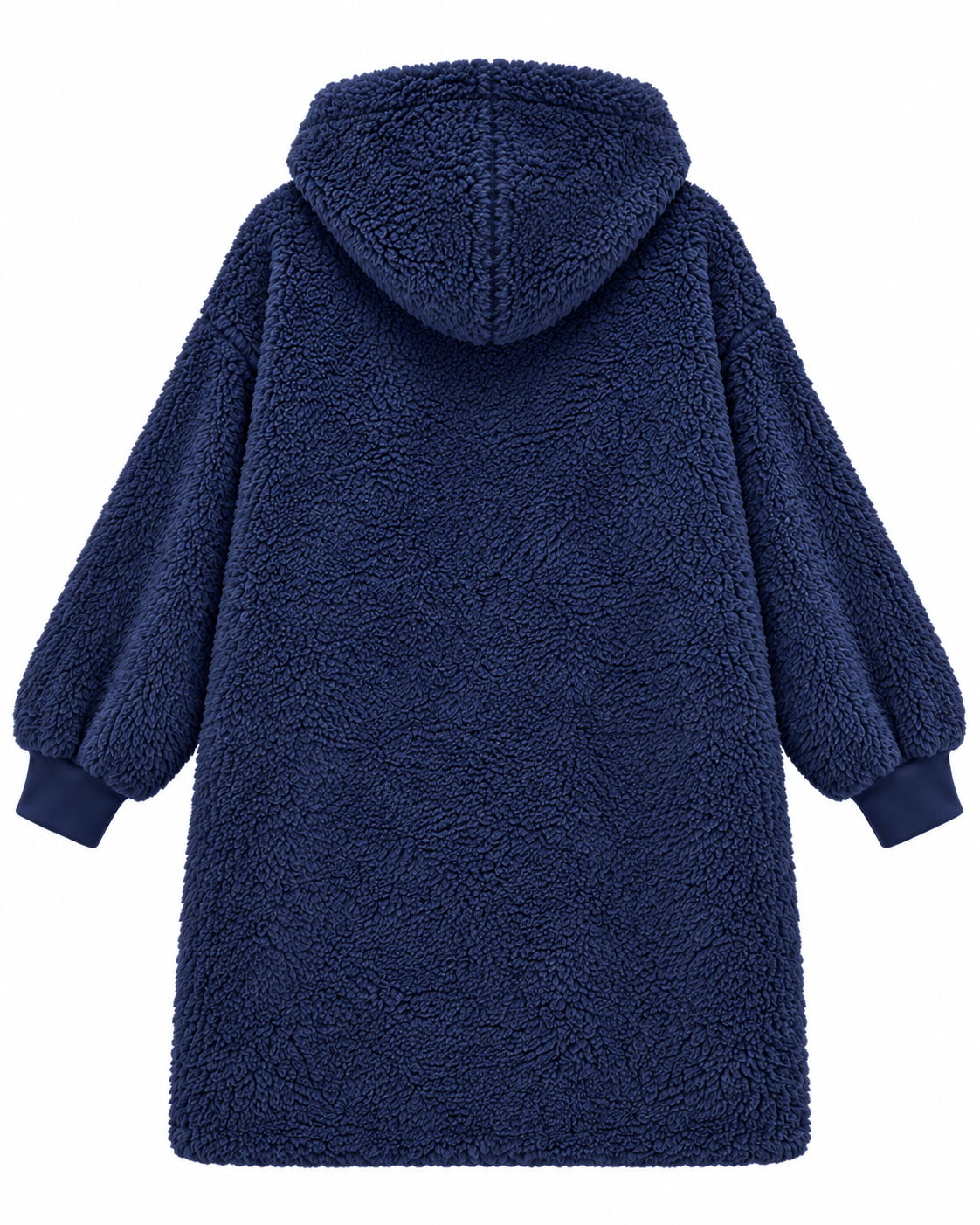 Back view of the navy sherpa cardigan showing the hood and long sleeves
