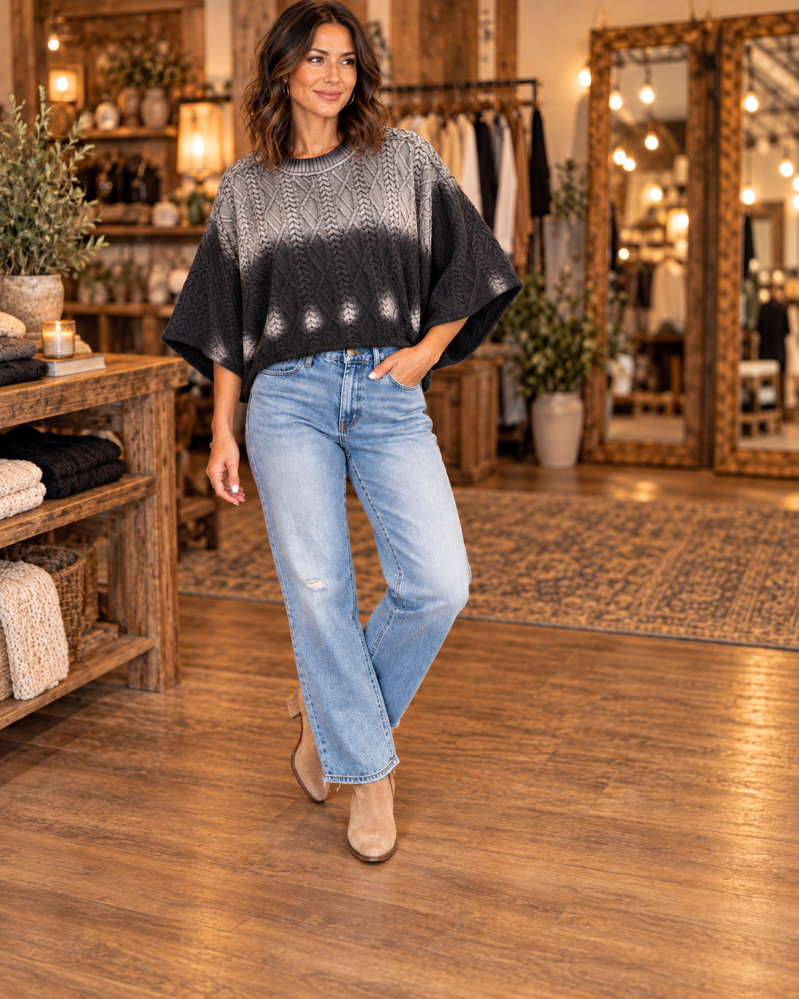 Black slouchy cable knit sweater worn by model with light wash jeans and tan ankle boots in a rustic boutique setting
