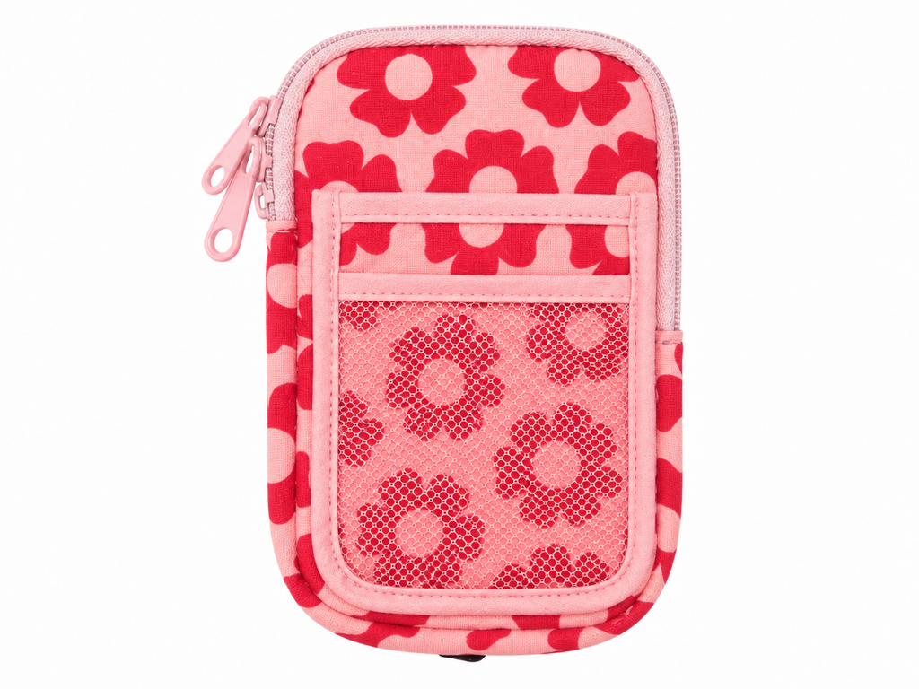 Pink Retro Floral Tumbler Pouch front view with light pink all-over bold red retro daisy print, pink top zipper with pink pull, front slip pocket above pink mesh pocket on white background
