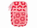 Pink Retro Floral Tumbler Pouch front view with light pink all-over bold red retro daisy print, pink top zipper with pink pull, front slip pocket above pink mesh pocket on white background
